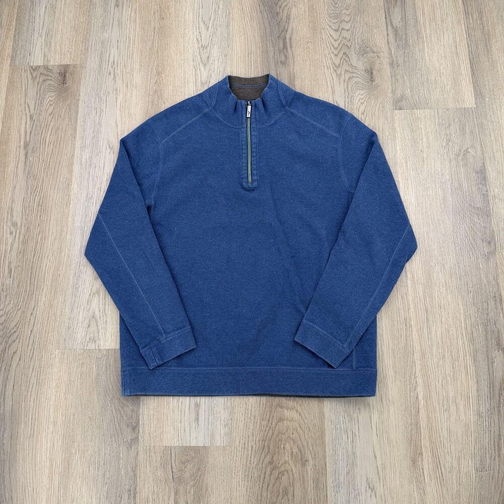 Tommy Bahama Sweater Mens Large Blue Reversible 1/4 Zip Cotton Knit Pullover